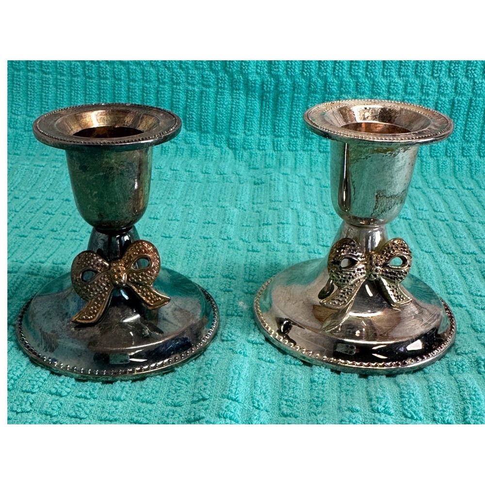Vintage Silver Tone Bow Candlestick Holders Set of 2 Beaded Trim Weighted Base
